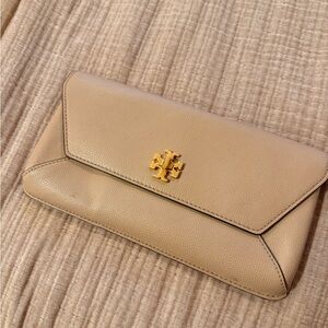 Tory Burch Beige Leather Wristlet with Gold Logo